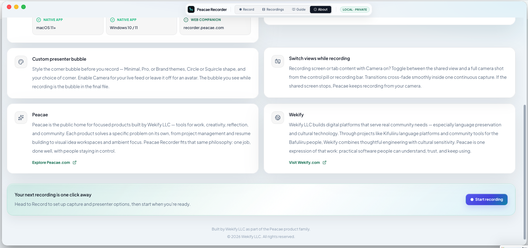 OhRec about page feature cards for bubble styling and switching views while recording.