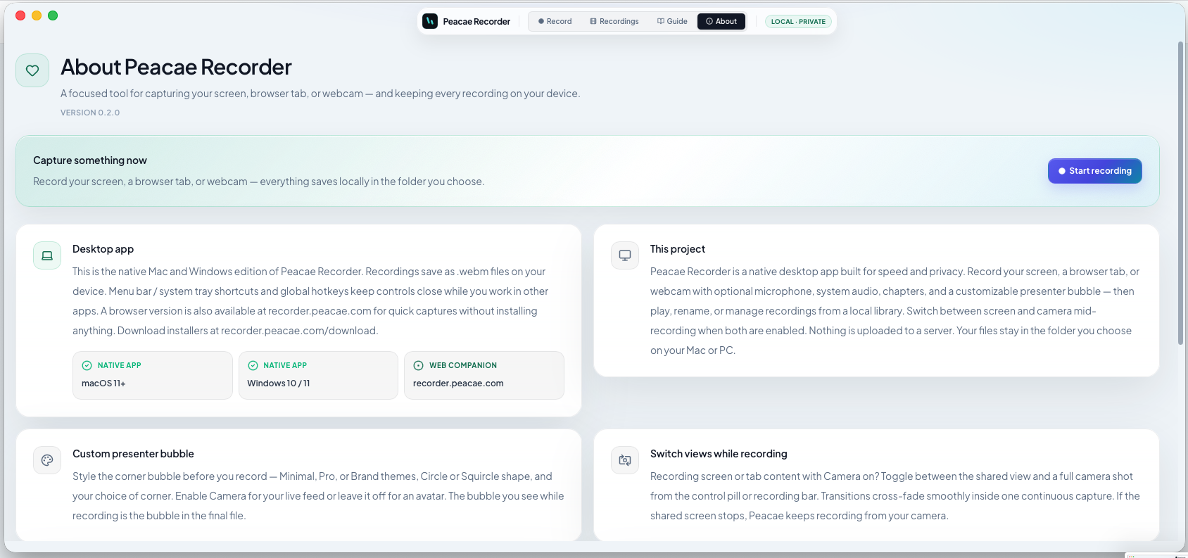 OhRec desktop about page showing product overview and platform options.