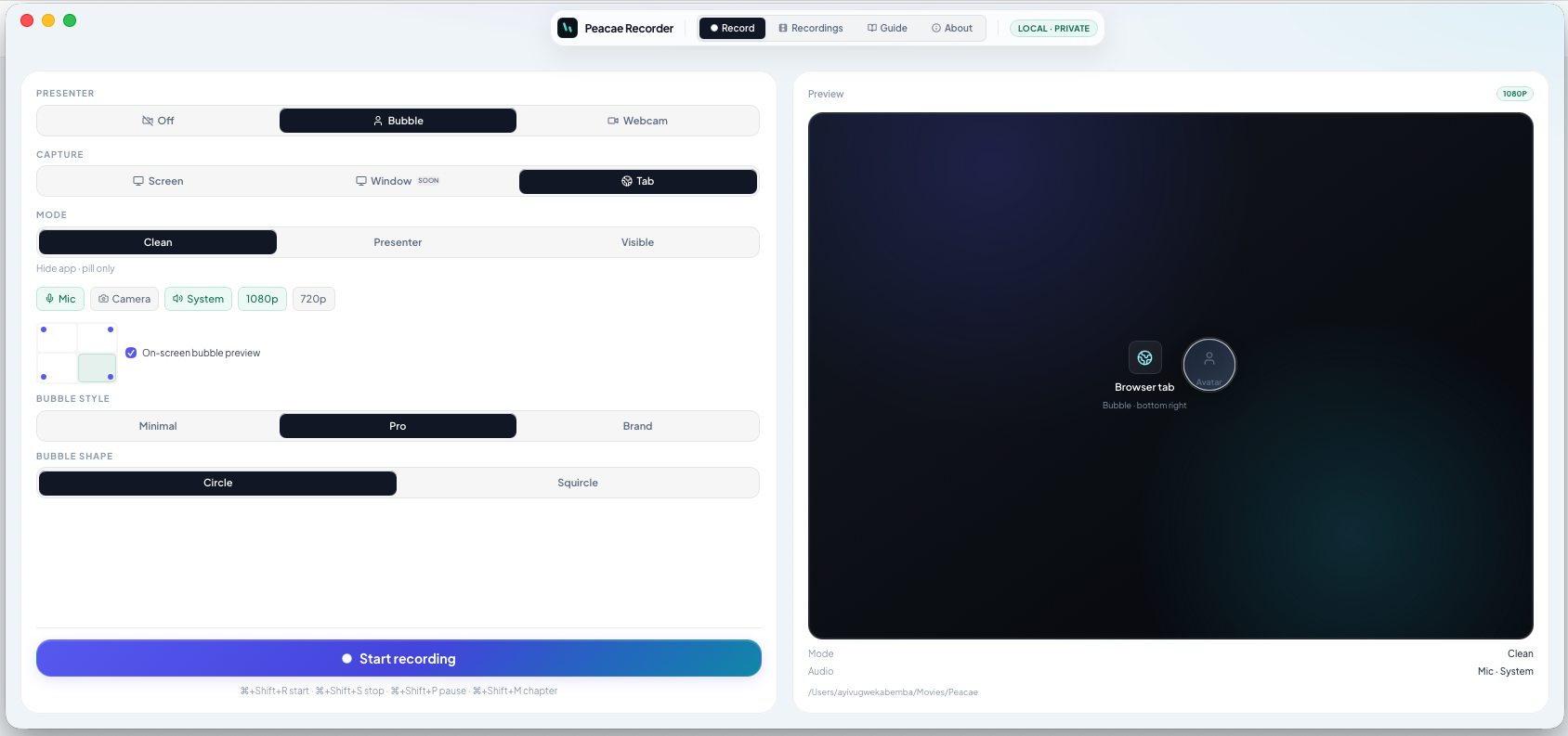 OhRec desktop bubble position, style, and shape options with live preview.