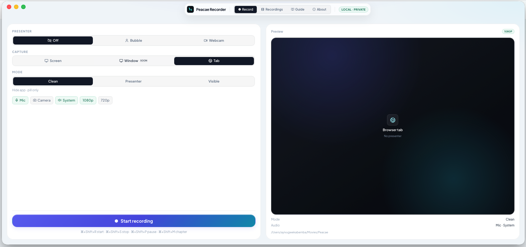 OhRec desktop setup with tab capture selected and clean recording mode.