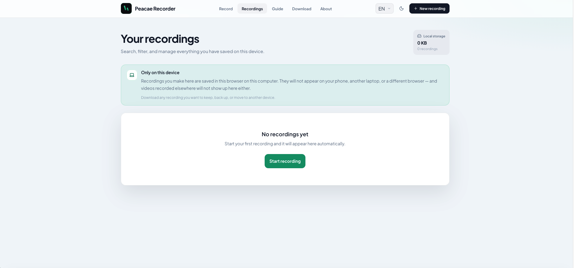 OhRec web recordings library with local storage indicator and empty state.